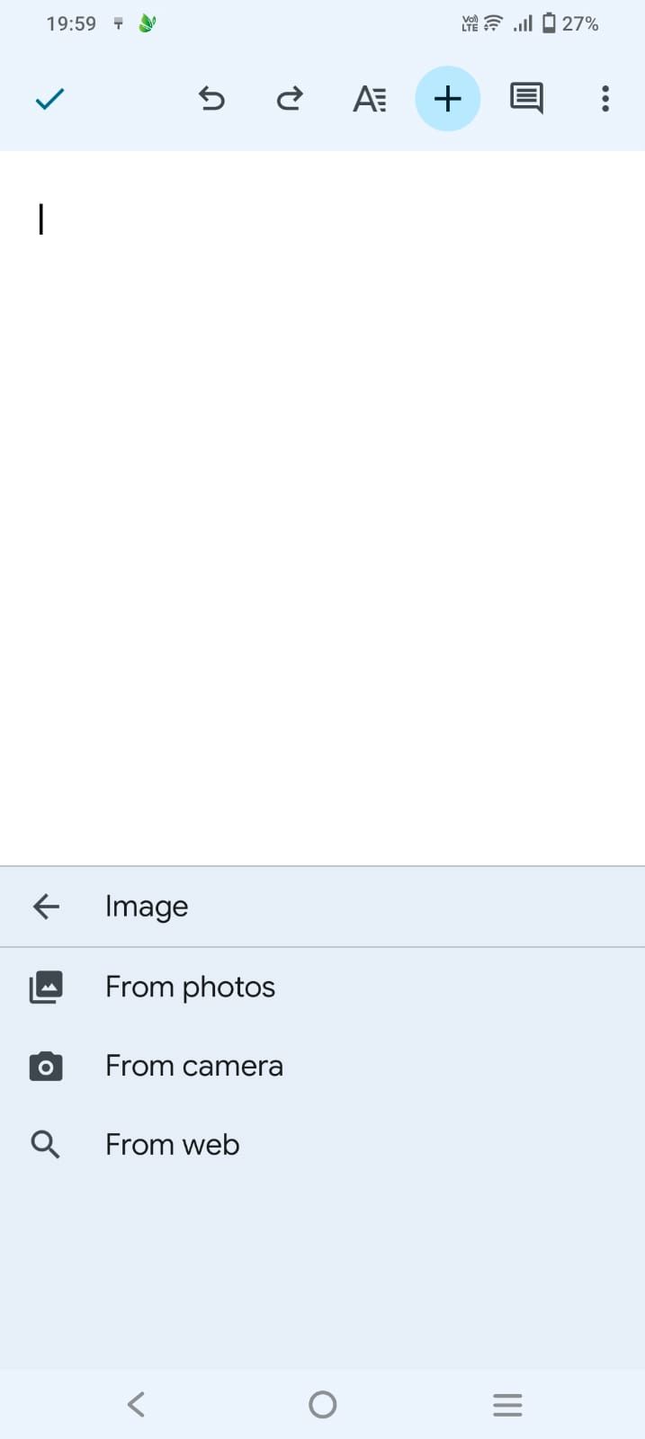 Captura de tela mostrando todas as opções de imagem no aplicativo Google Docs para dispositivos móveis