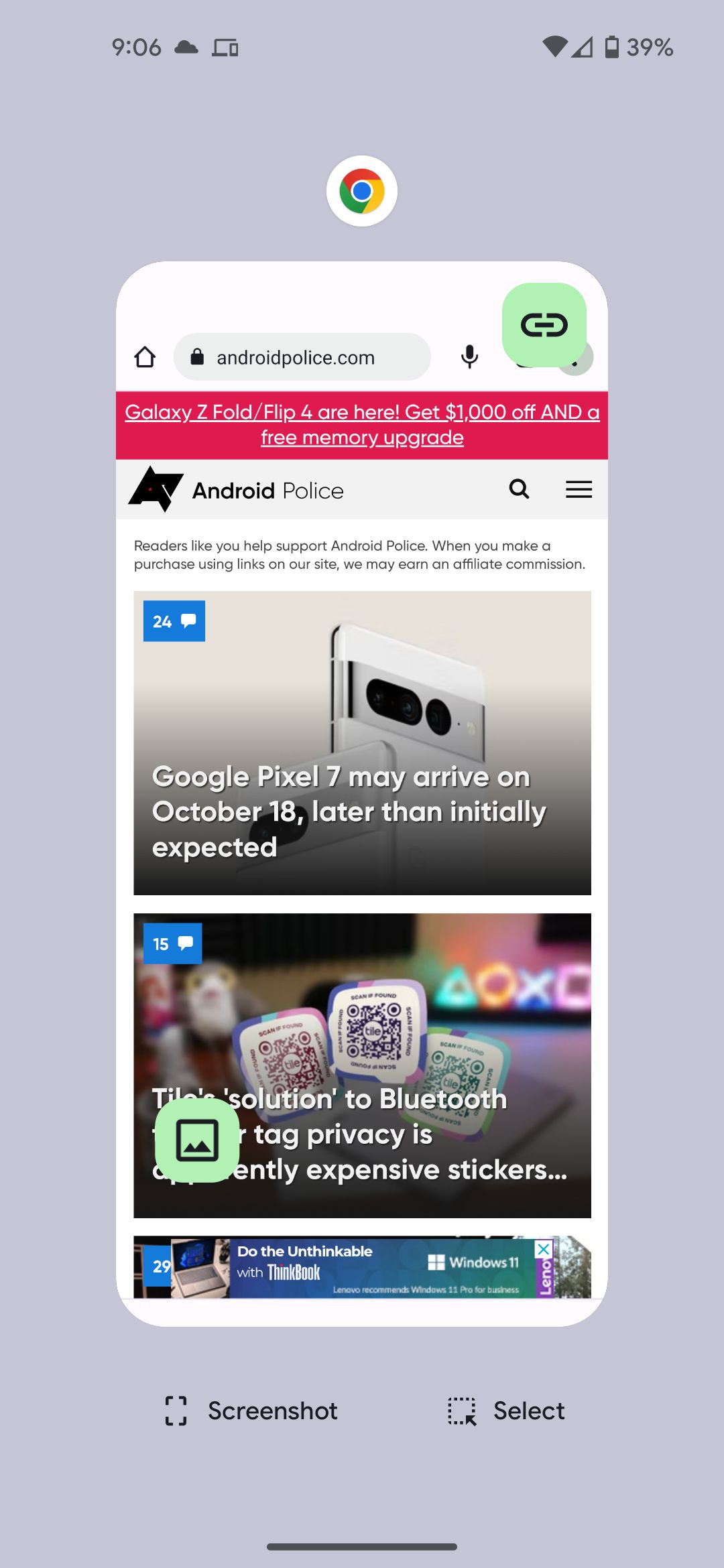 A tela do alternador de aplicativos em um dispositivo Google Pixel com o site do Android Police no Chrome como o único aplicativo aberto