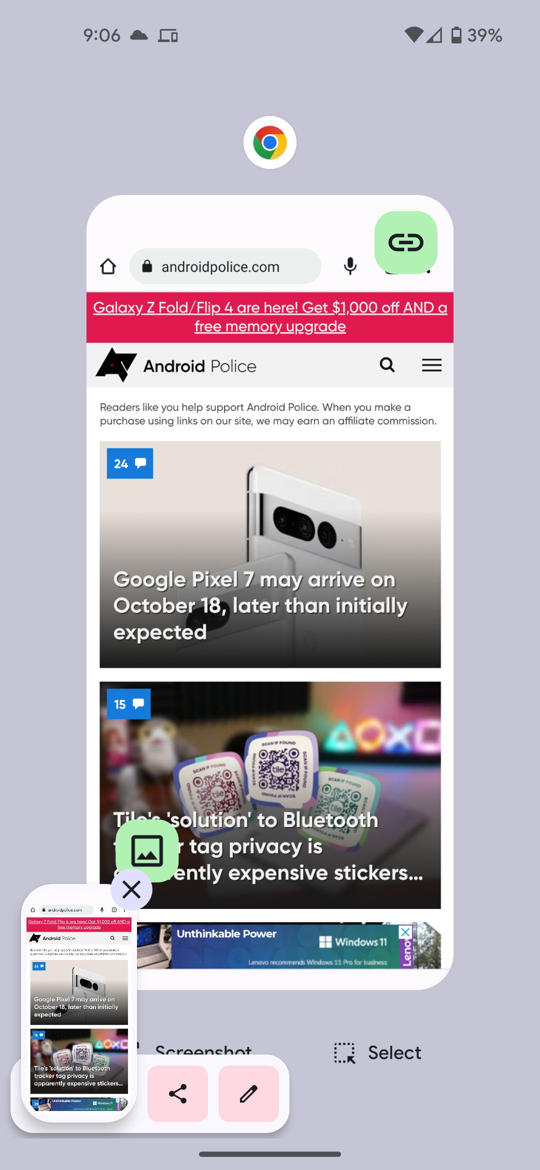 O menu de captura de tela após fazer uma captura de tela em um telefone Google Pixel com o site Android Police no Chrome no alternador de aplicativos