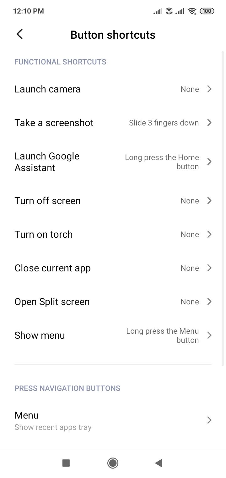 O menu de configurações de atalhos de botão em um telefone Xiaomi