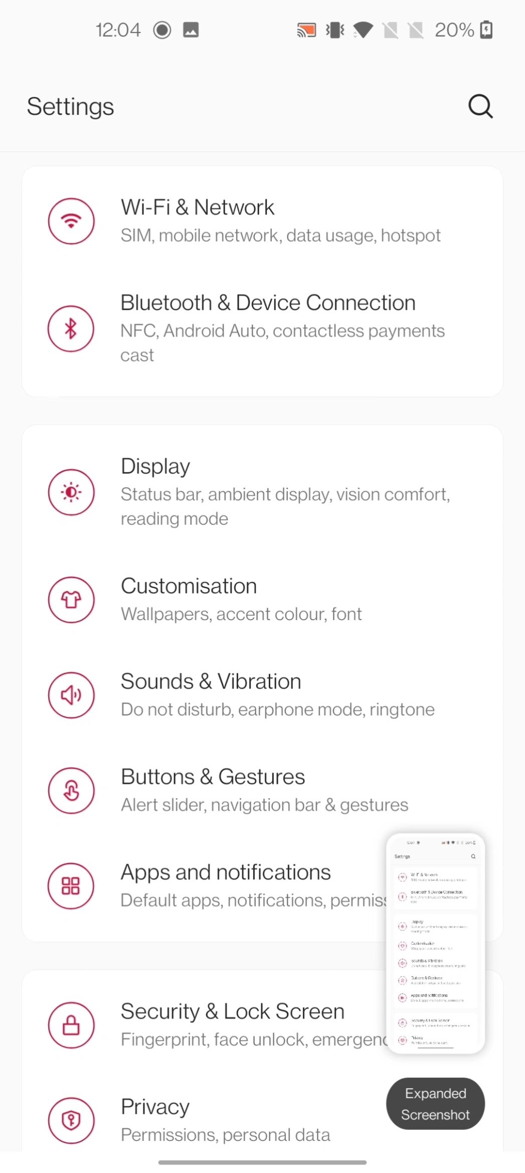 O aplicativo Configurações em um telefone OnePlus com um menu de captura de tela no canto inferior direito após fazer uma captura de tela