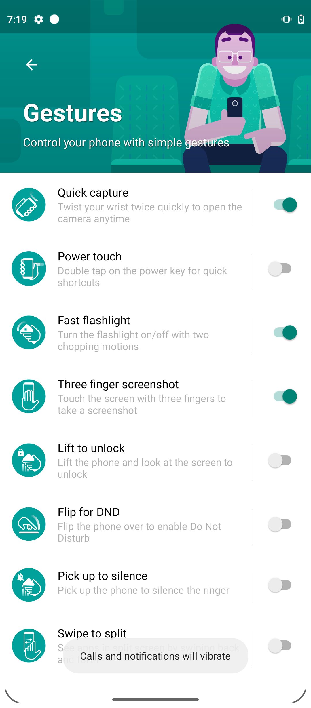 Configurações de gestos no aplicativo Moto em um telefone Motorola.