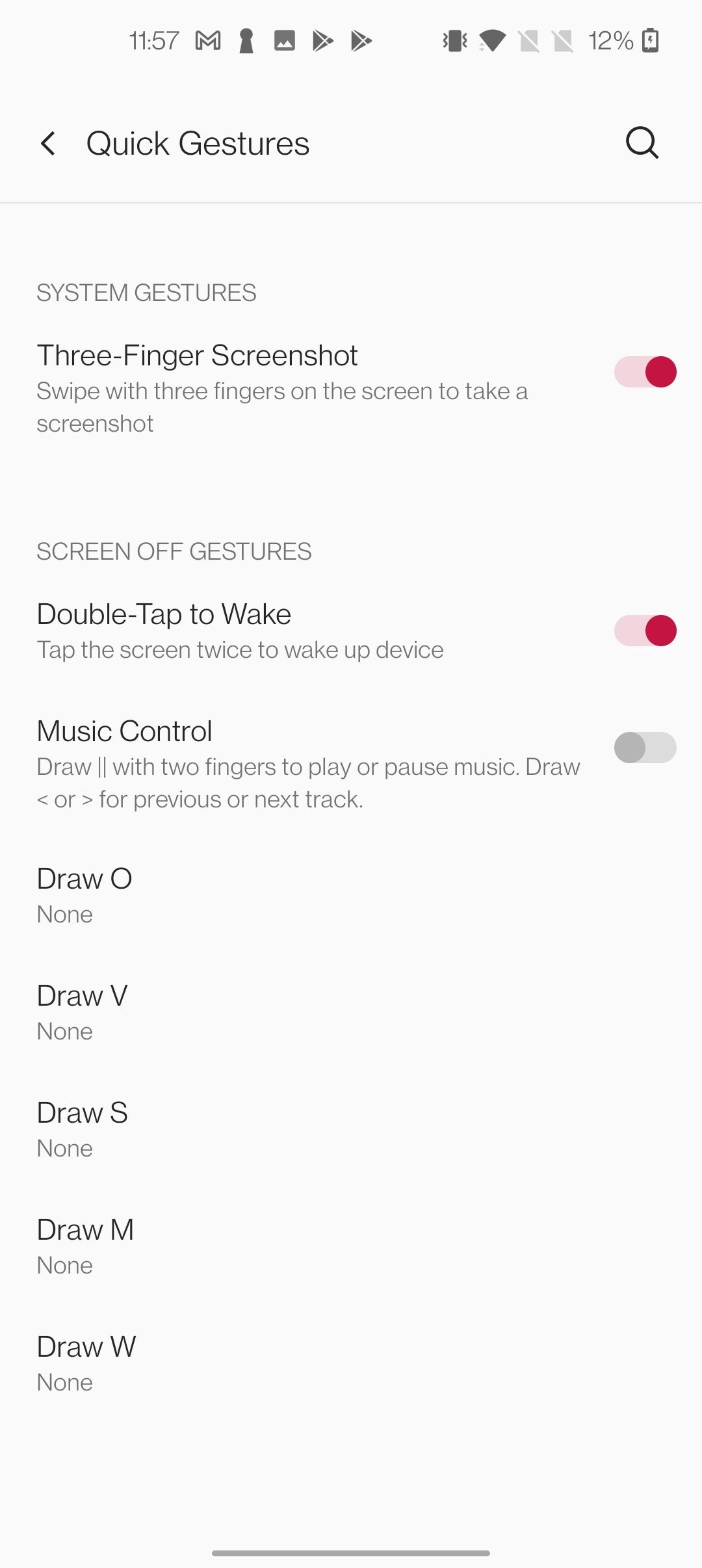 O menu de configurações de gestos rápidos em um telefone OnePlus