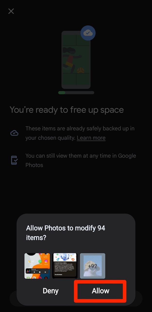Pop-up de confirmação de liberação de espaço no aplicativo Google Fotos