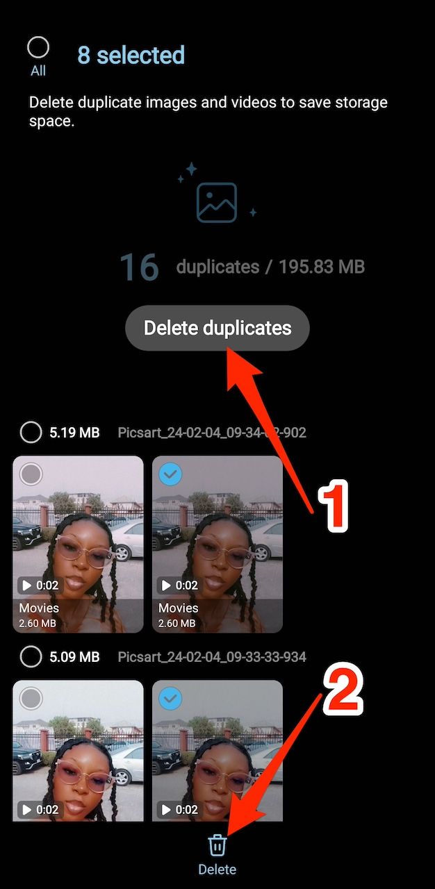 Selecionando fotos duplicadas para exclusão na Galeria Samsung