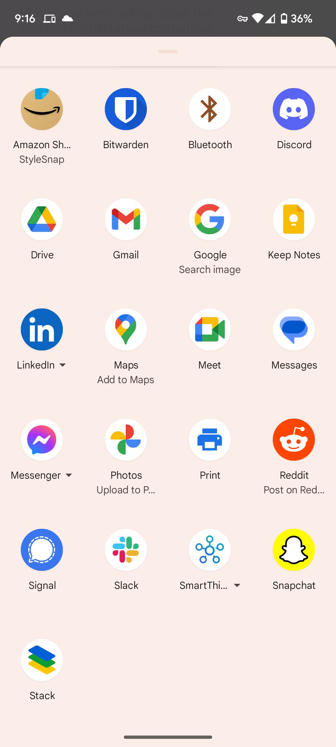 Todos os aplicativos com os quais você pode compartilhar usando a função de compartilhamento para uma captura de tela em um telefone Android