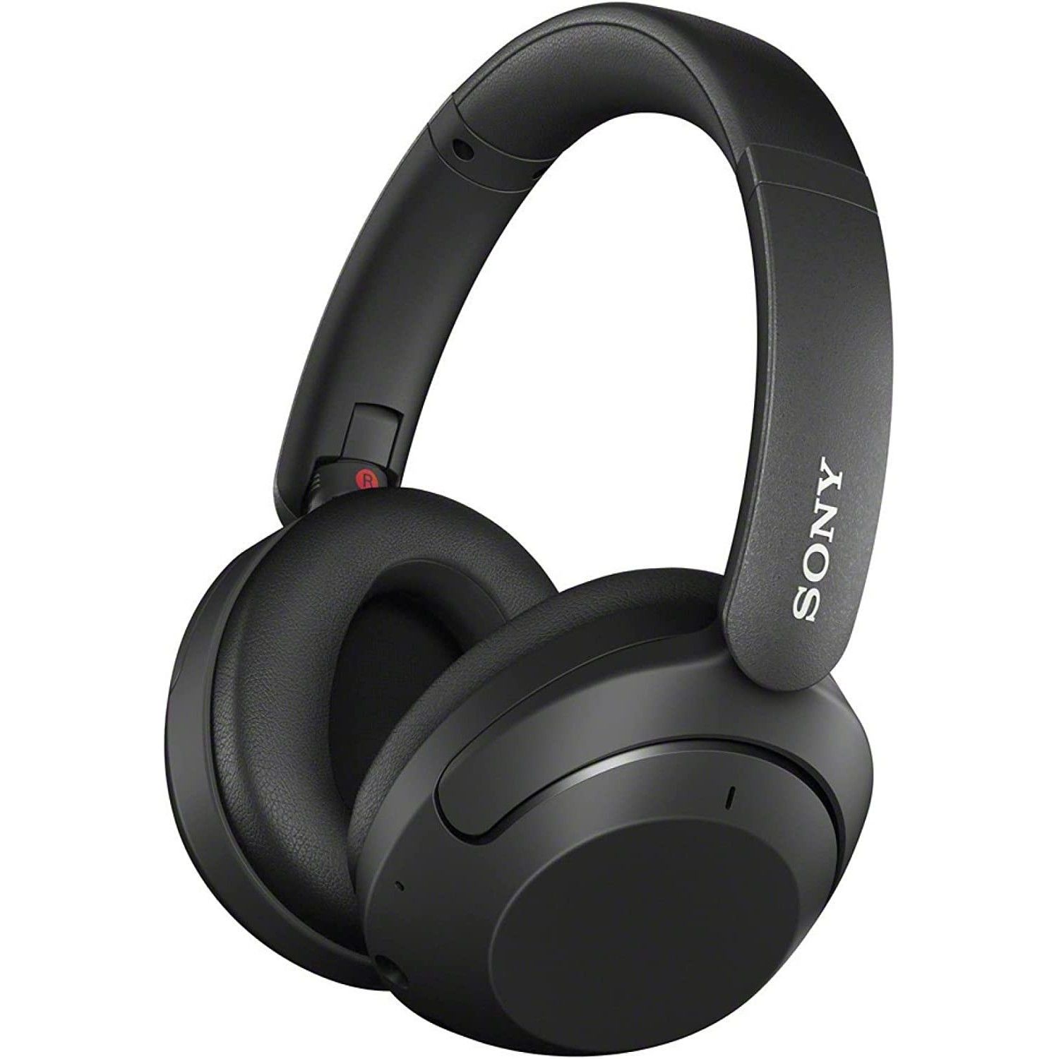 Fones de ouvido intra-auriculares sem fio pretos Sony WH-XB910N posicionados em ângulo sobre um fundo branco
