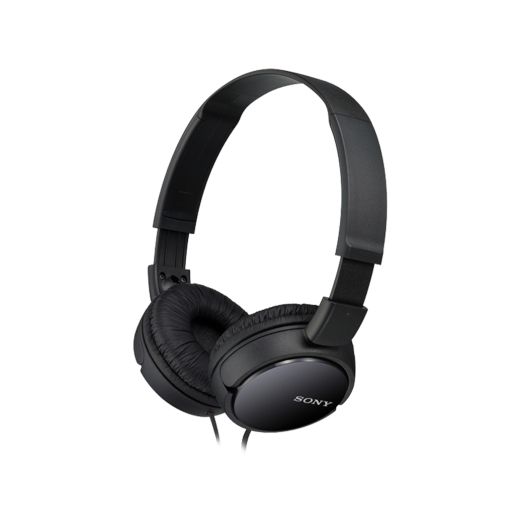 Fones de ouvido pretos com fio Sony-MDR-ZX110 posicionados em ângulo em fundo branco