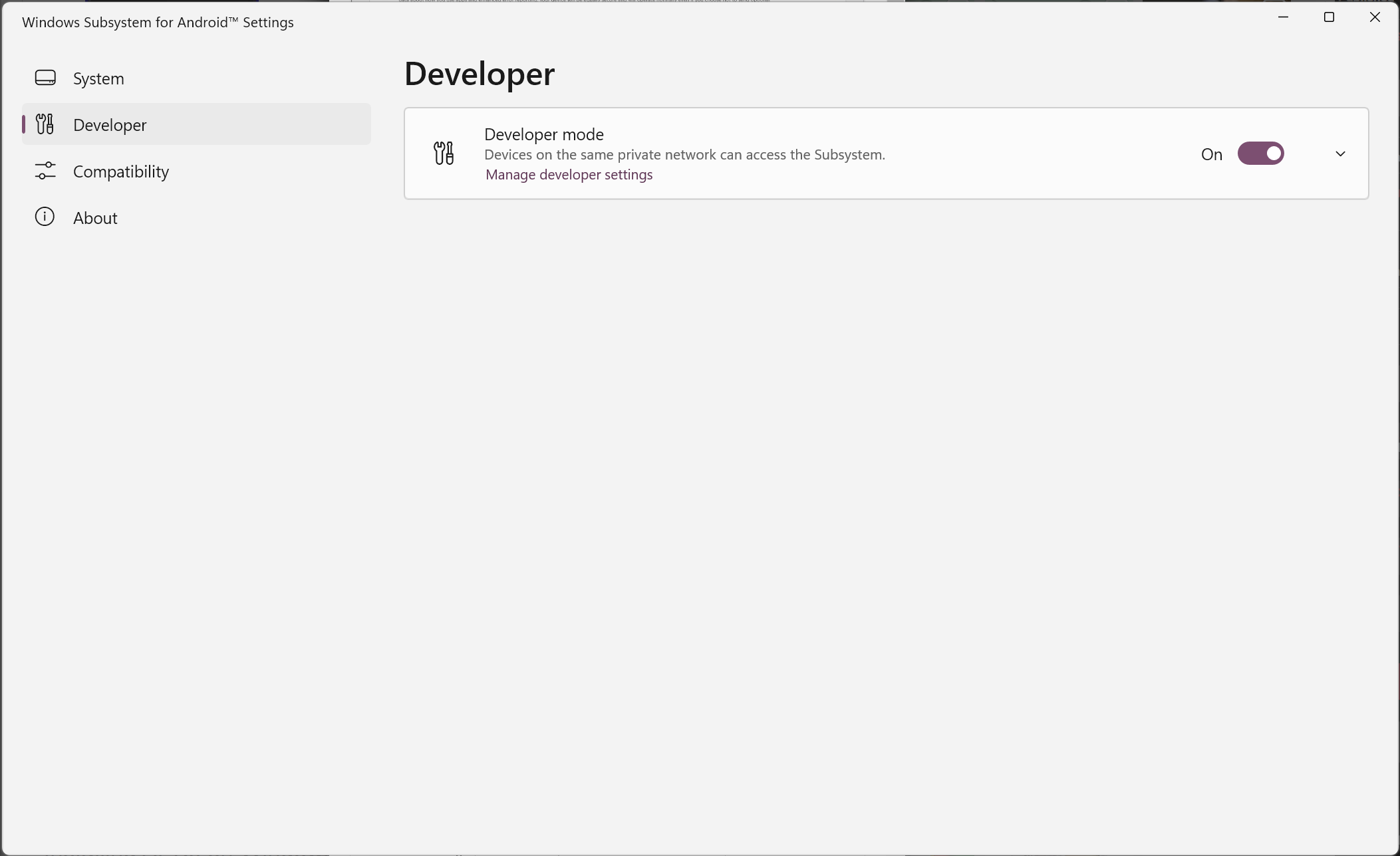A página de configurações do desenvolvedor do subsistema Windows para Android.