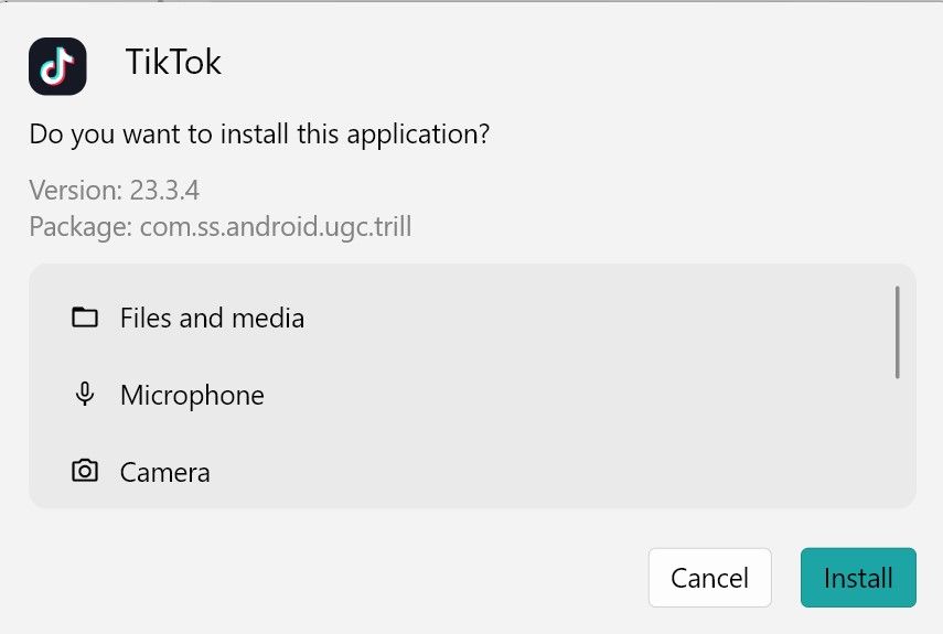 O prompt de instalação do aplicativo TikTok que aparece no Windows 11.