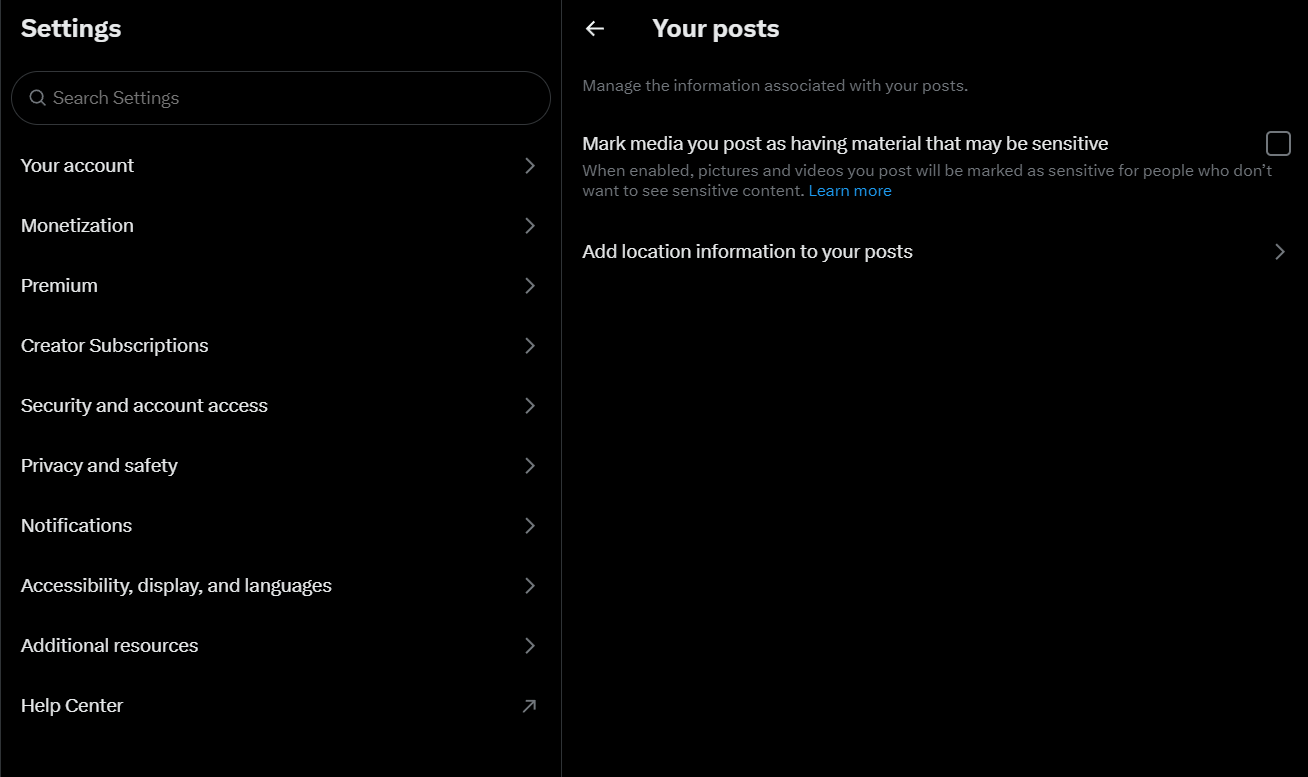 Captura de tela mostrando suas configurações de postagem no site X