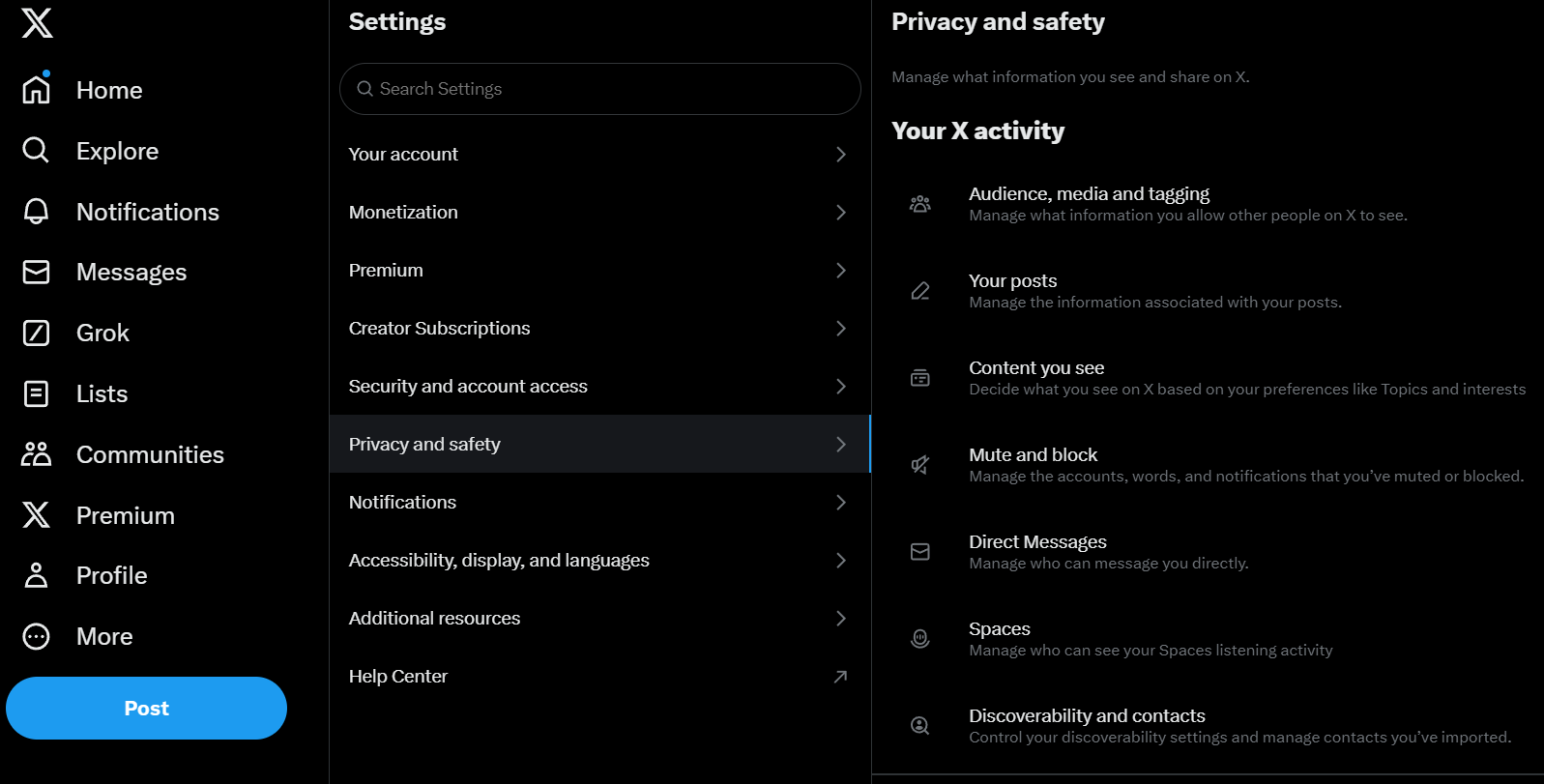 Captura de tela mostrando as configurações de privacidade e segurança do X no desktop