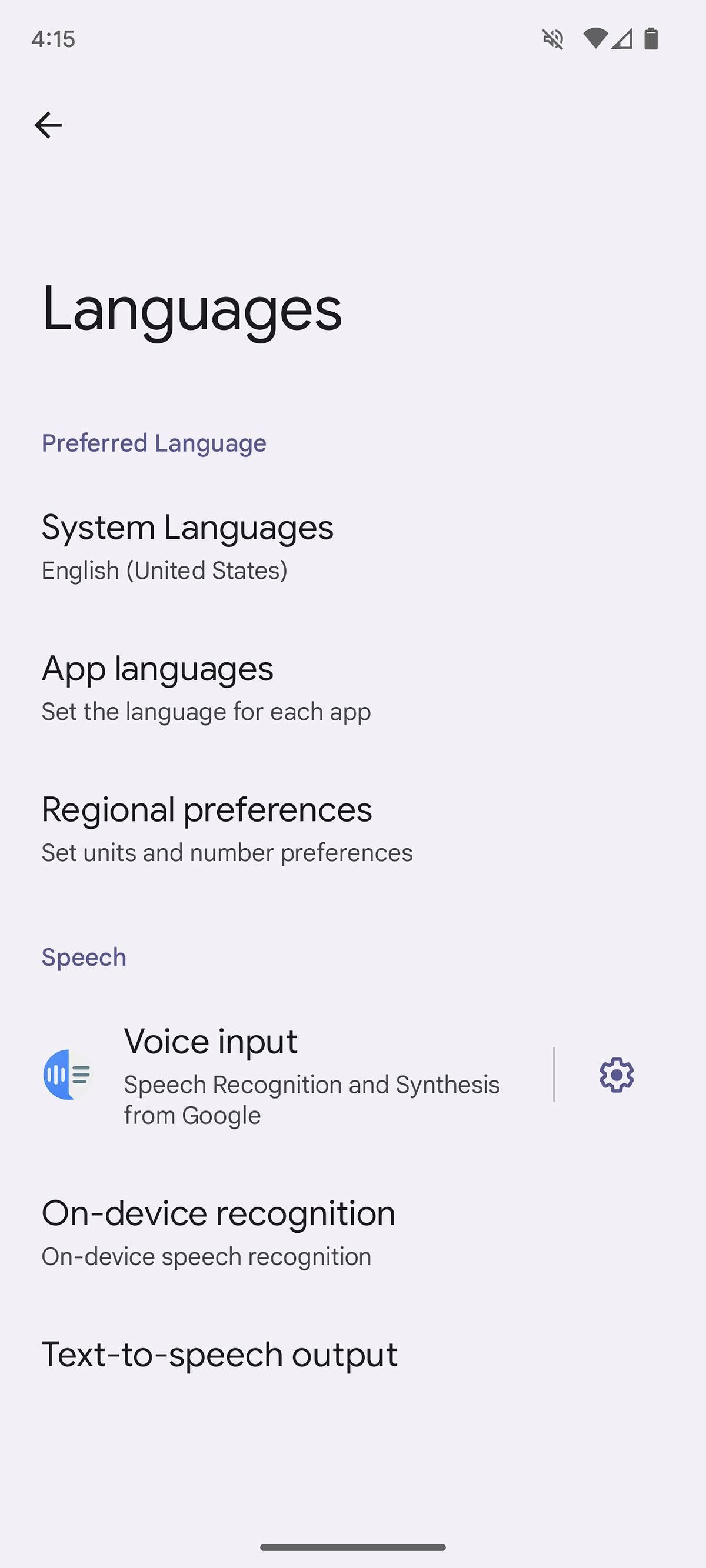 O menu de idiomas no Android 14.