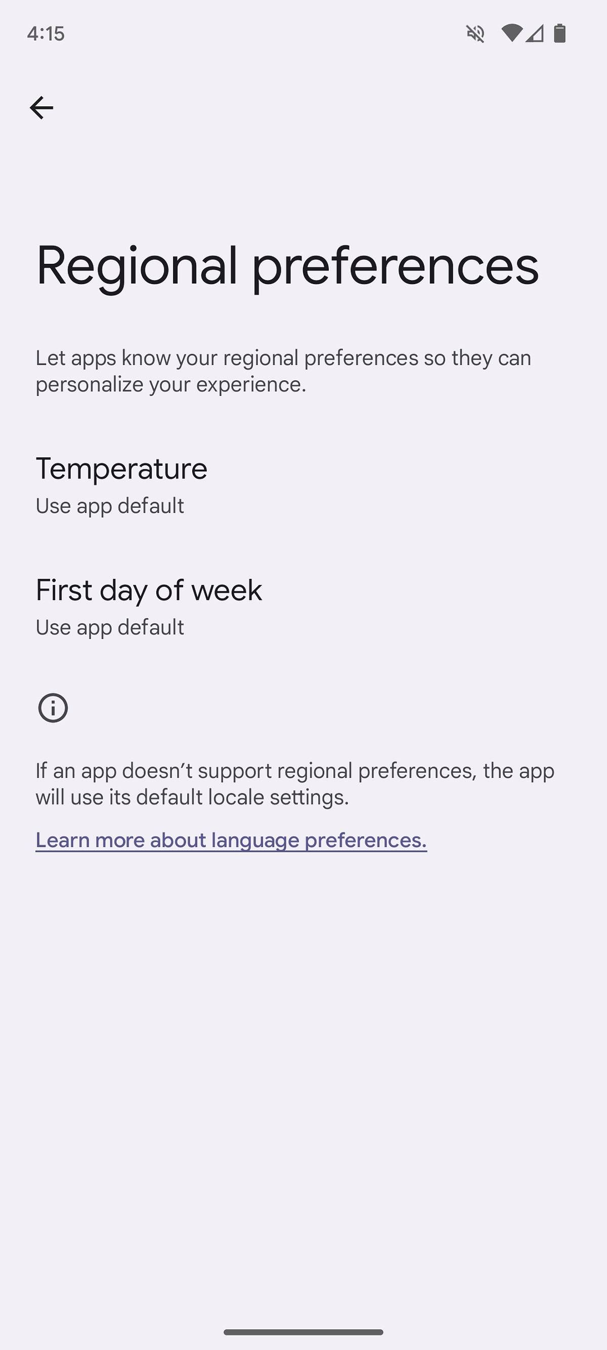 O menu de preferências regionais no Android 14, mostrando opções de unidades de temperatura e primeiro dia da semana.