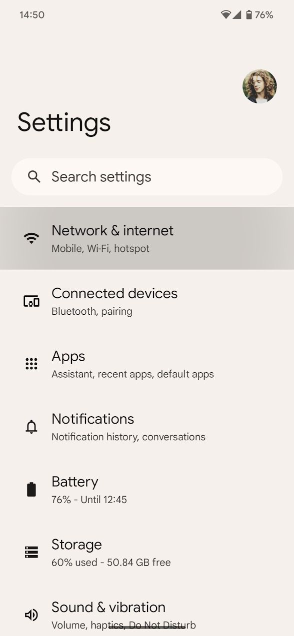 Página de configurações do Android 13