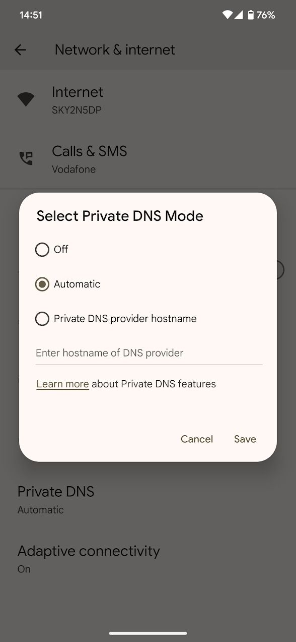 janela do modo DNS privado do Android