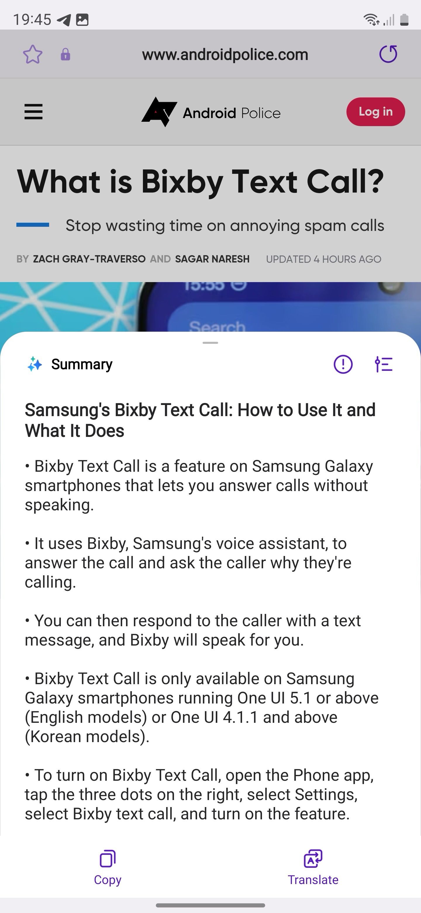 Página Summerise na Samsung Internet