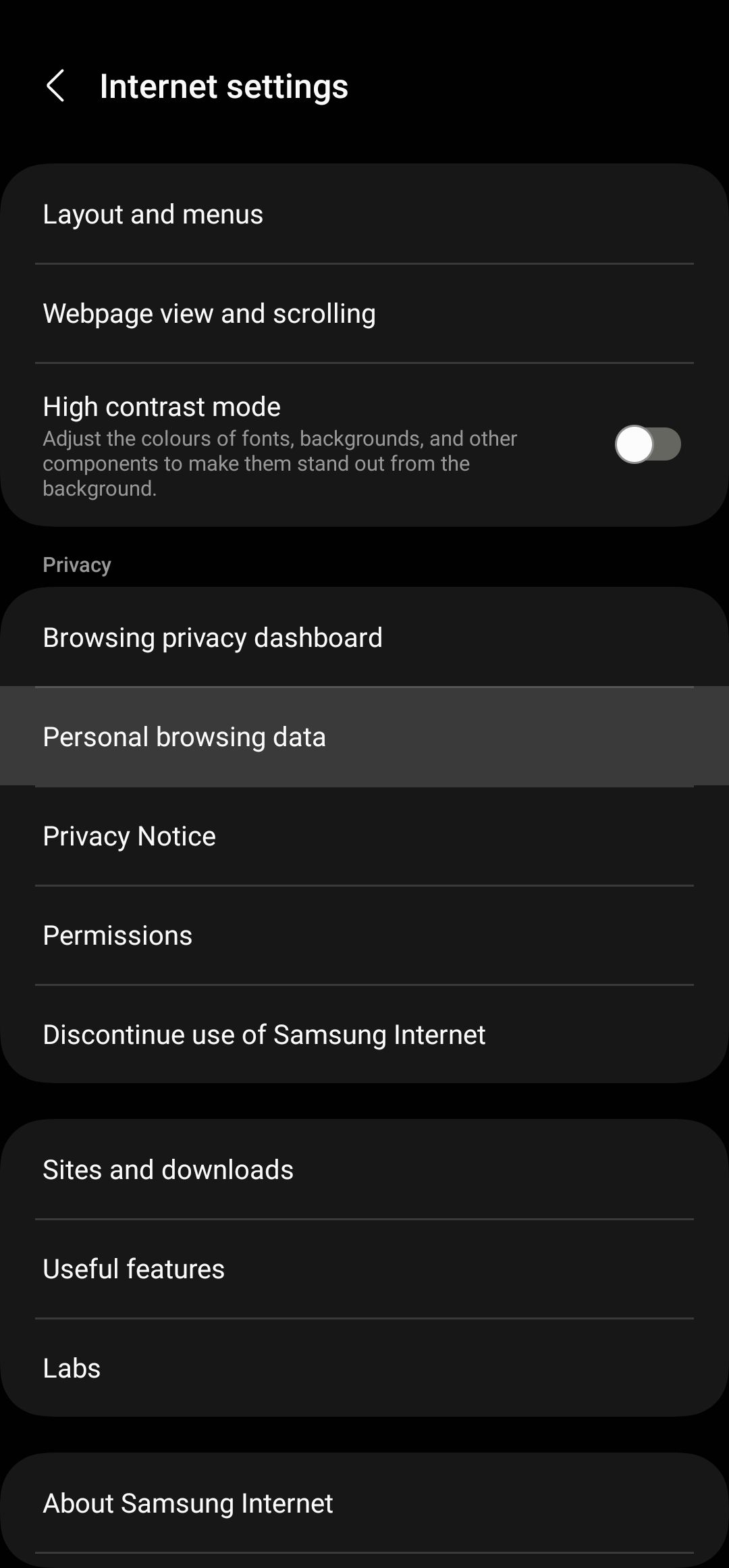 Página de configurações de Internet da Samsung