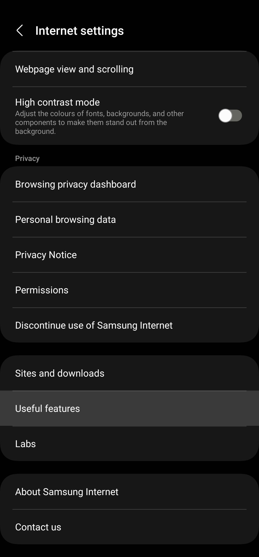Página de configurações de Internet da Samsung
