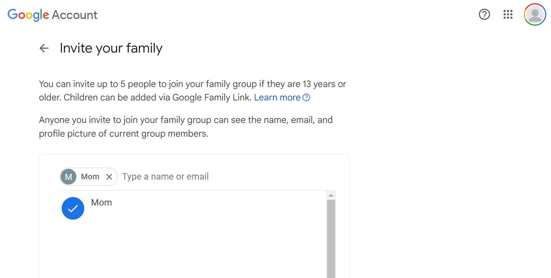 A página de convite de membro da família para criar um grupo familiar do Google na web.