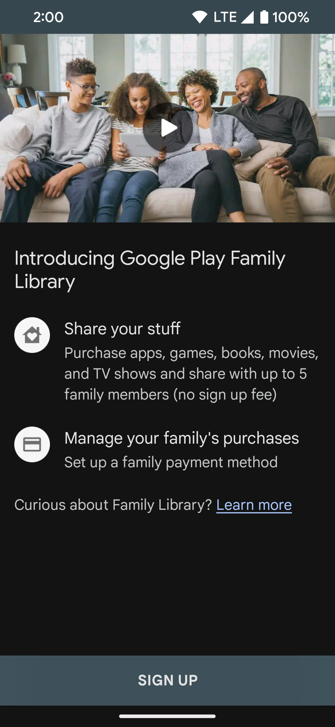 A página principal da Biblioteca da família do Google Play na versão móvel da Google Play Store.