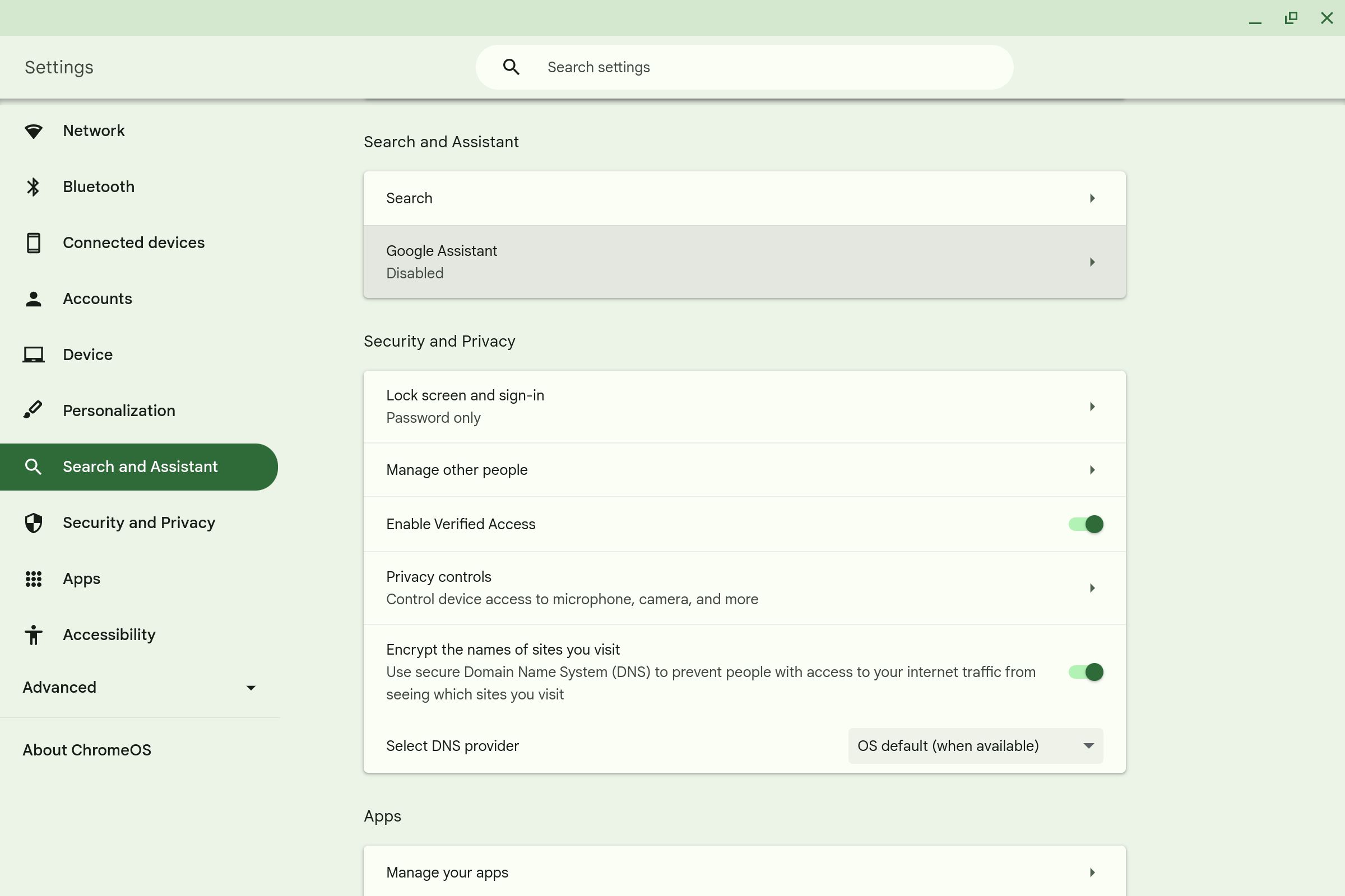 Configurações de Pesquisa e Assistente em um Chromebook com a opção Google Assistente destacada