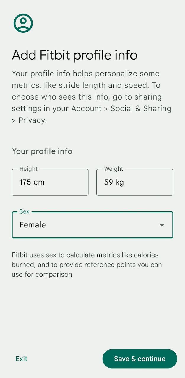 Formulário de informações de perfil do aplicativo Fitbit