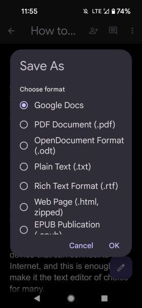 Opções de tipo de arquivo Salvar como do Google Docs para dispositivos móveis