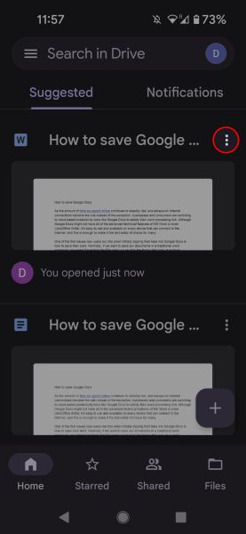 Google Drive para celular destacando o menu de três pontos em um arquivo individual