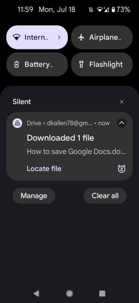 Notificação de download de arquivo móvel do Google Drive