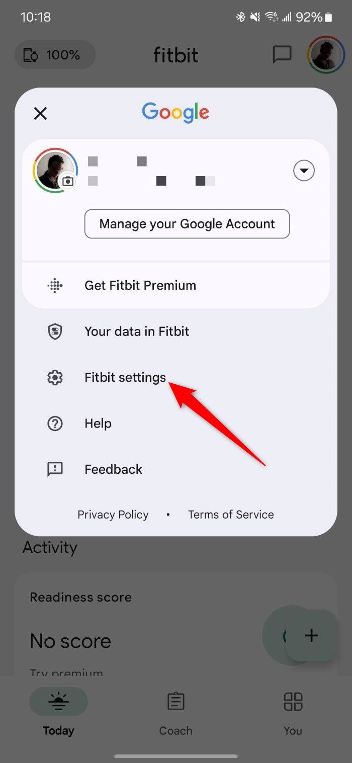 Opção de configurações do Fitbit no aplicativo Fitbit para Android