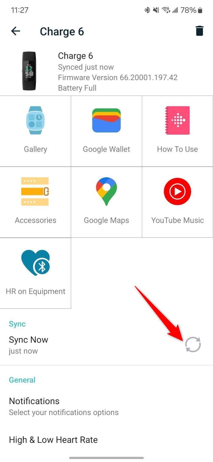 Opção de sincronização no aplicativo Fitbit Android