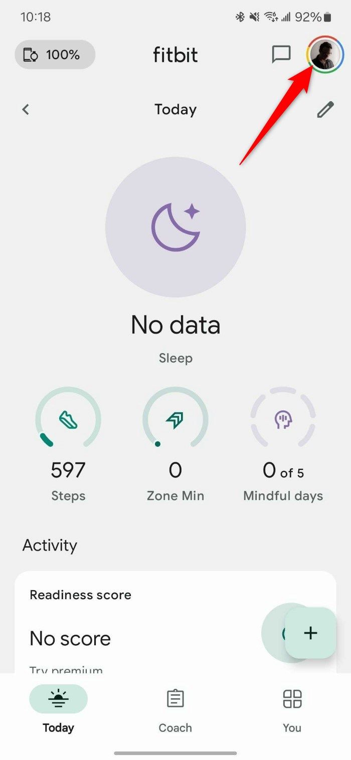 Captura de tela mostrando a página inicial do aplicativo Fitbit para Android