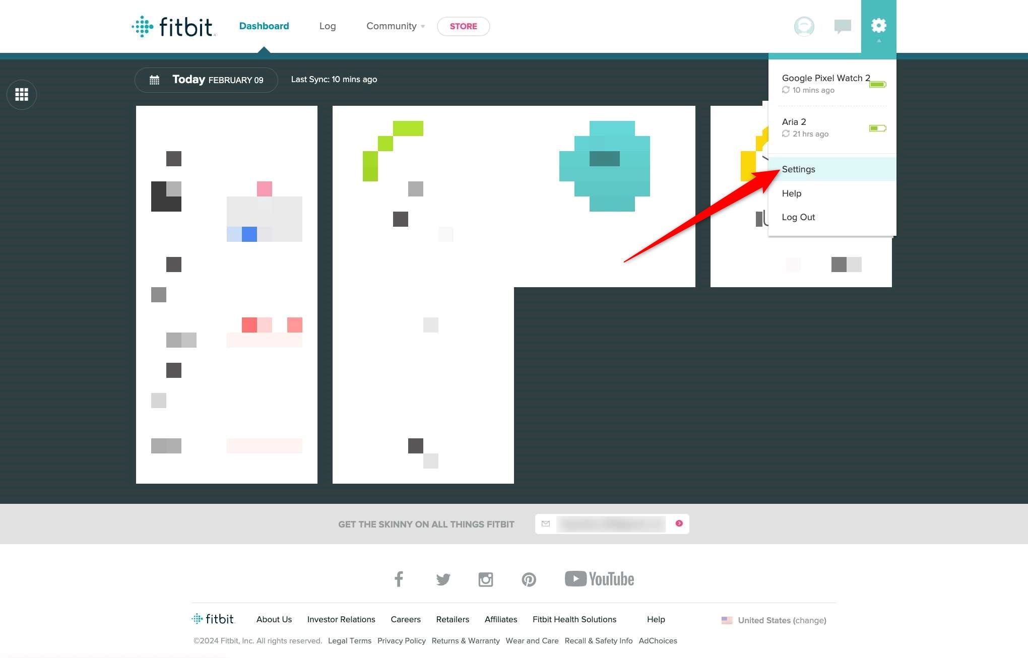 Captura de tela mostrando a opção Configurações no site do Fitbit