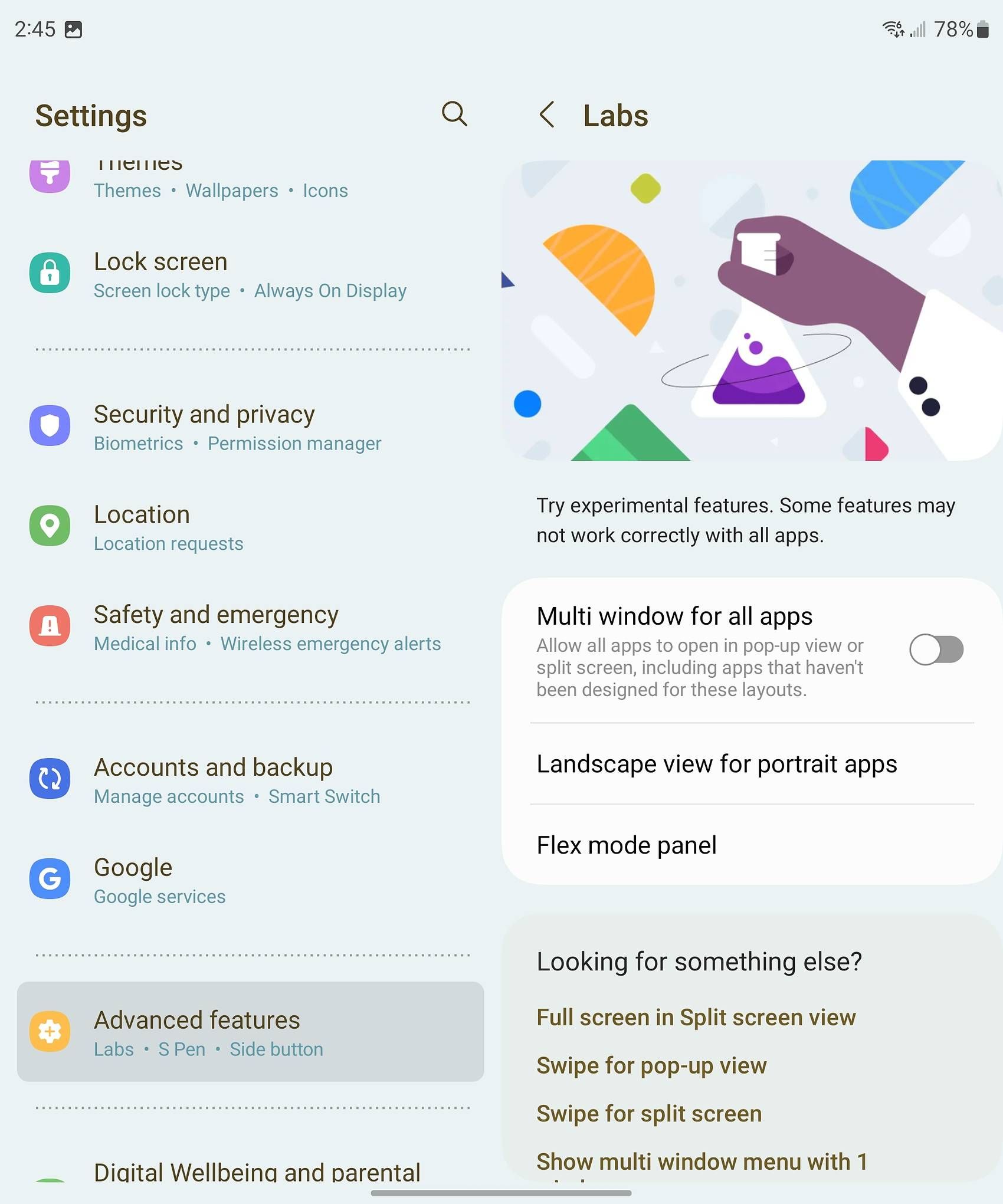 O menu Labs em um Galaxy Z Fold 5