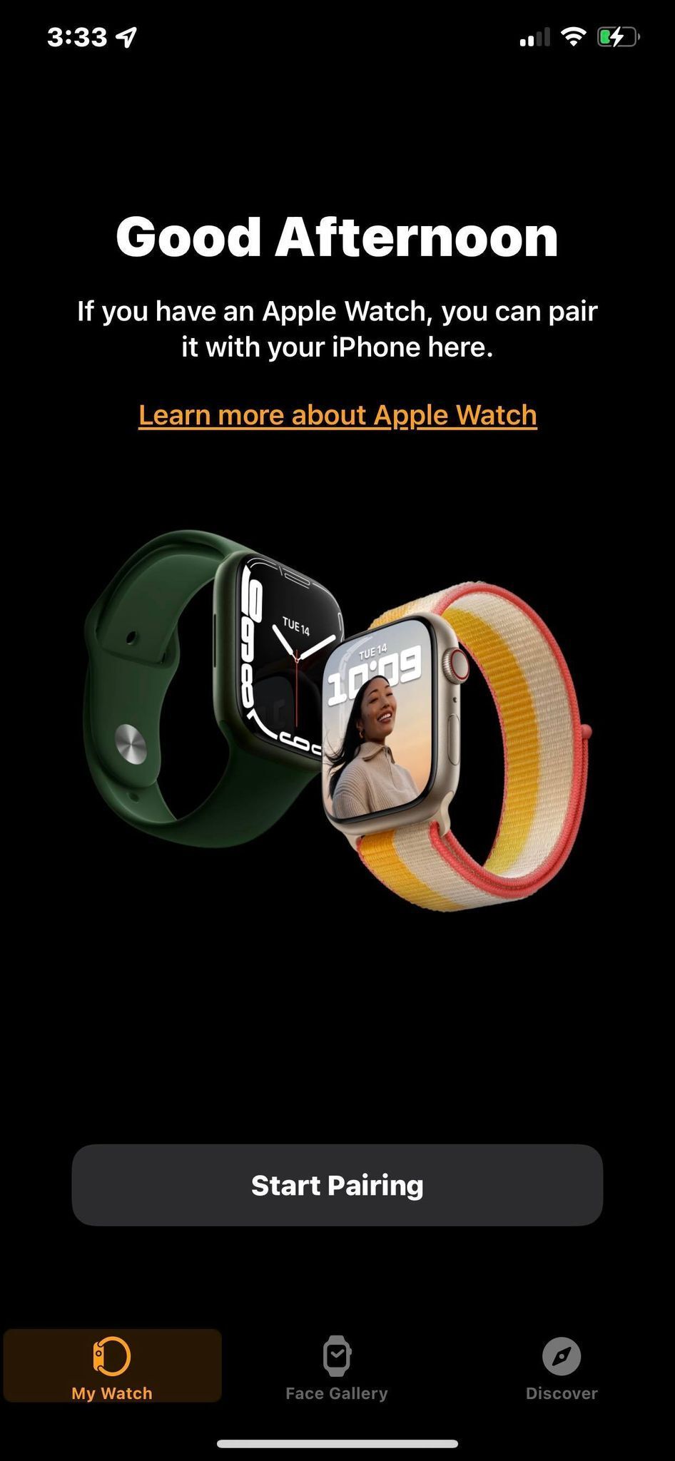 A tela Iniciar emparelhamento no aplicativo Apple Watch em um iPhone