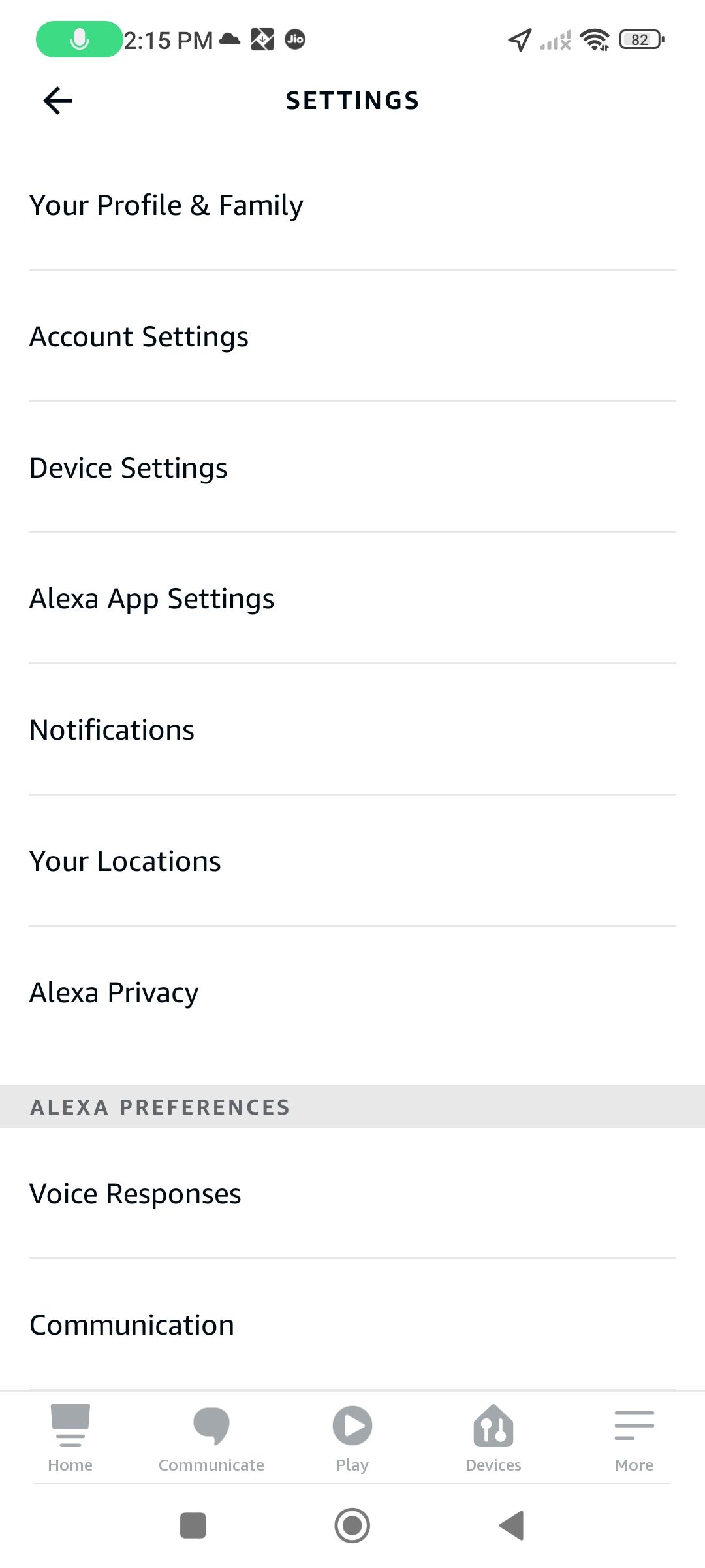 Opções de configuração no aplicativo Amazon Alexa para Android