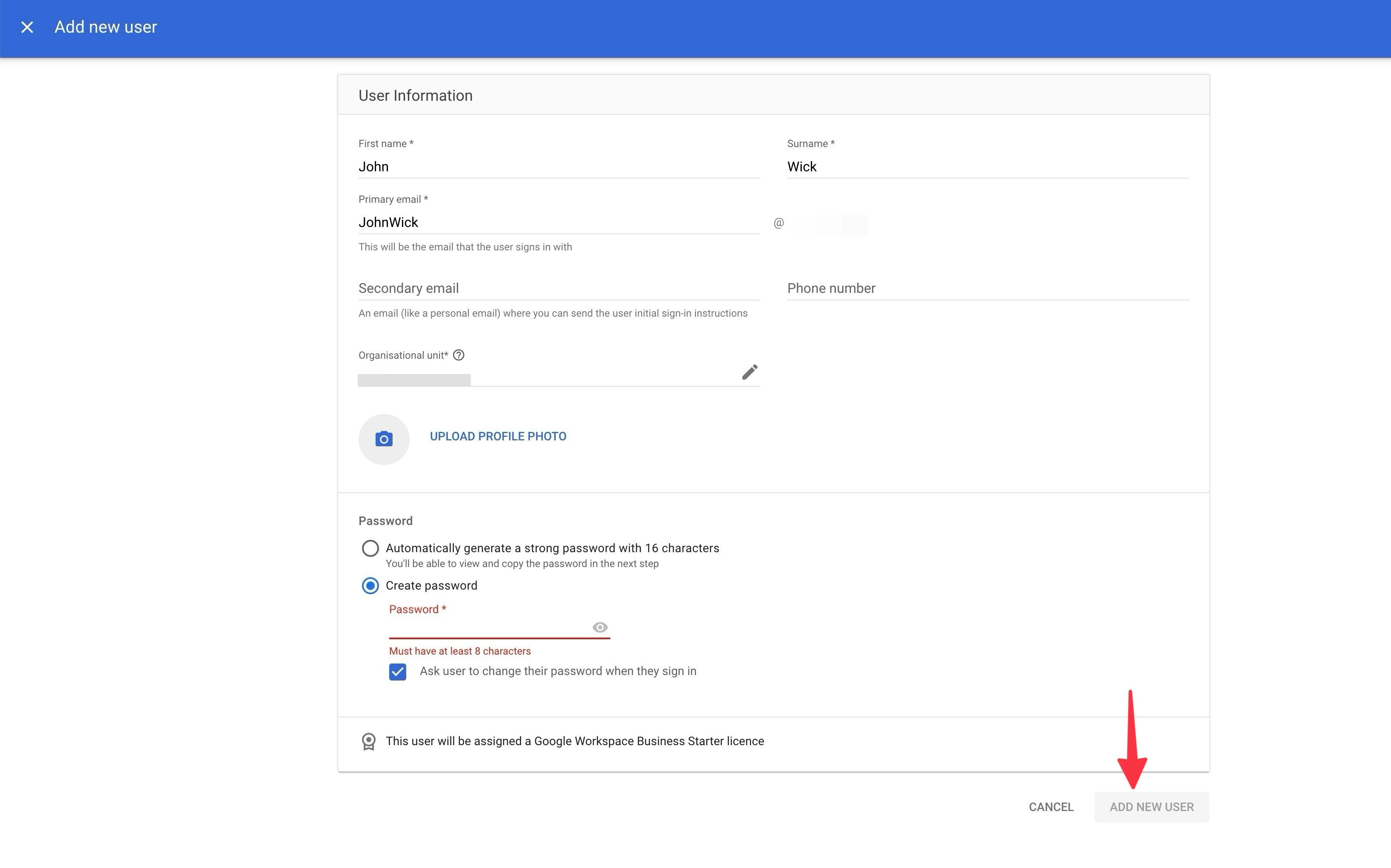detalhes do novo usuário no Admin Console do Google Workspace