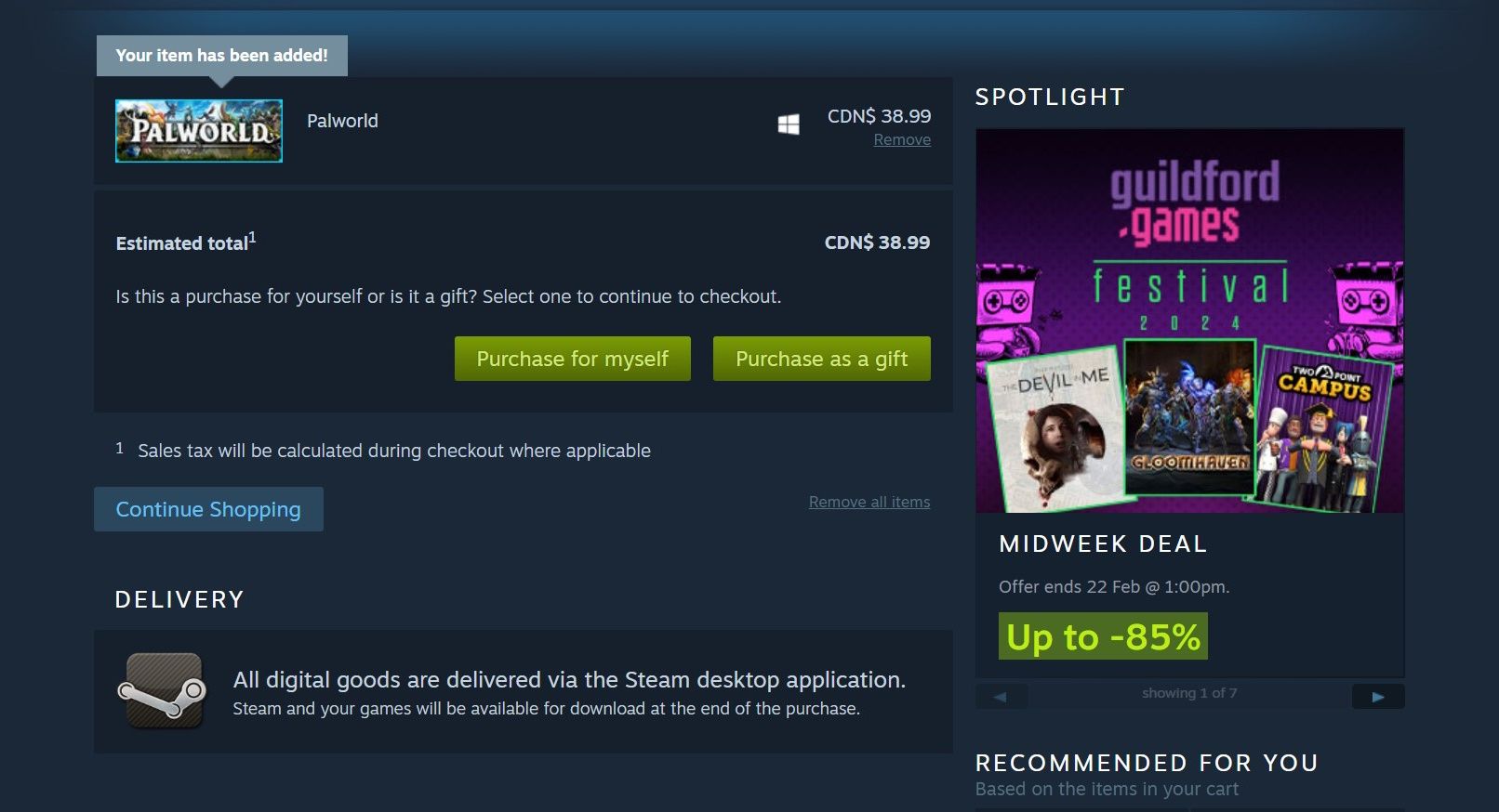 tela de compra do palworld com compra para mim e botão de compra como presente no Steam