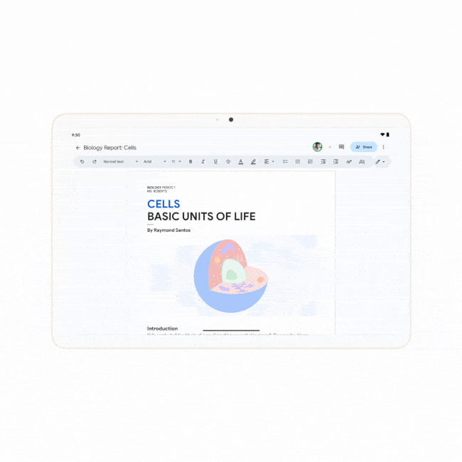 Animação mostrando feedback de marcação por meio dos aplicativos Google Docs em um tablet Android