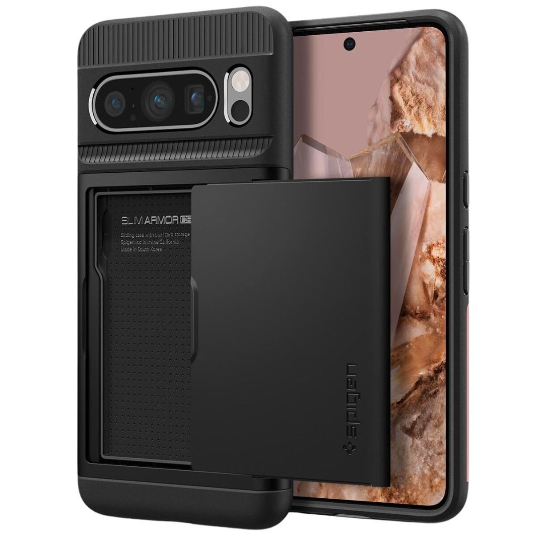 Exibindo a frente e a traseira do case Spigen Slim Armor CS com o Pixel 8 Pro dentro dele