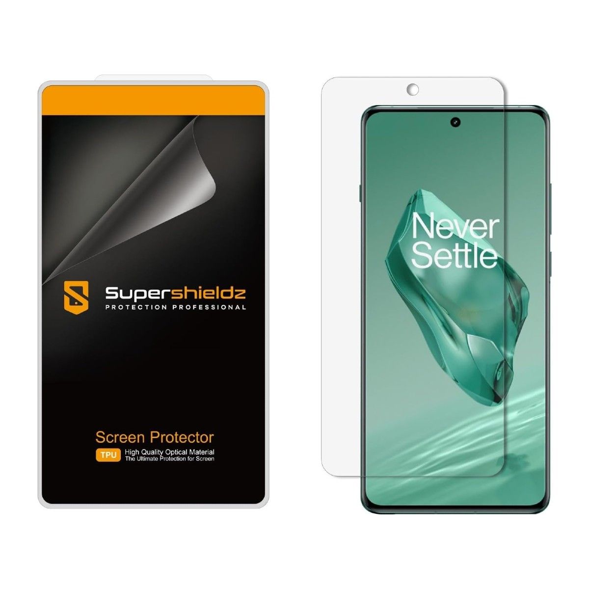 Um pacote de varejo de protetor de tela Supershieldz, um protetor de tela e um OnePlus 12 em um fundo branco