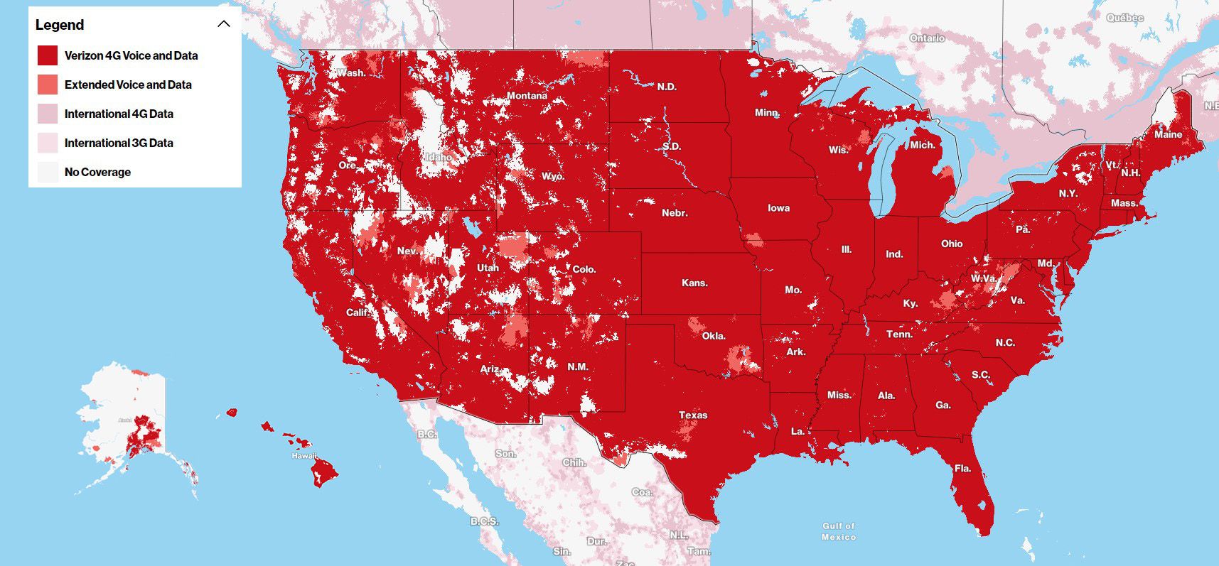 Um mapa de cobertura dos Estados Unidos mostrando a rede da Verizon com áreas de voz e dados 4G em vermelho, voz e dados estendidos em vermelho mais claro e dados 4G internacionais em rosa, junto com zonas sem cobertura.