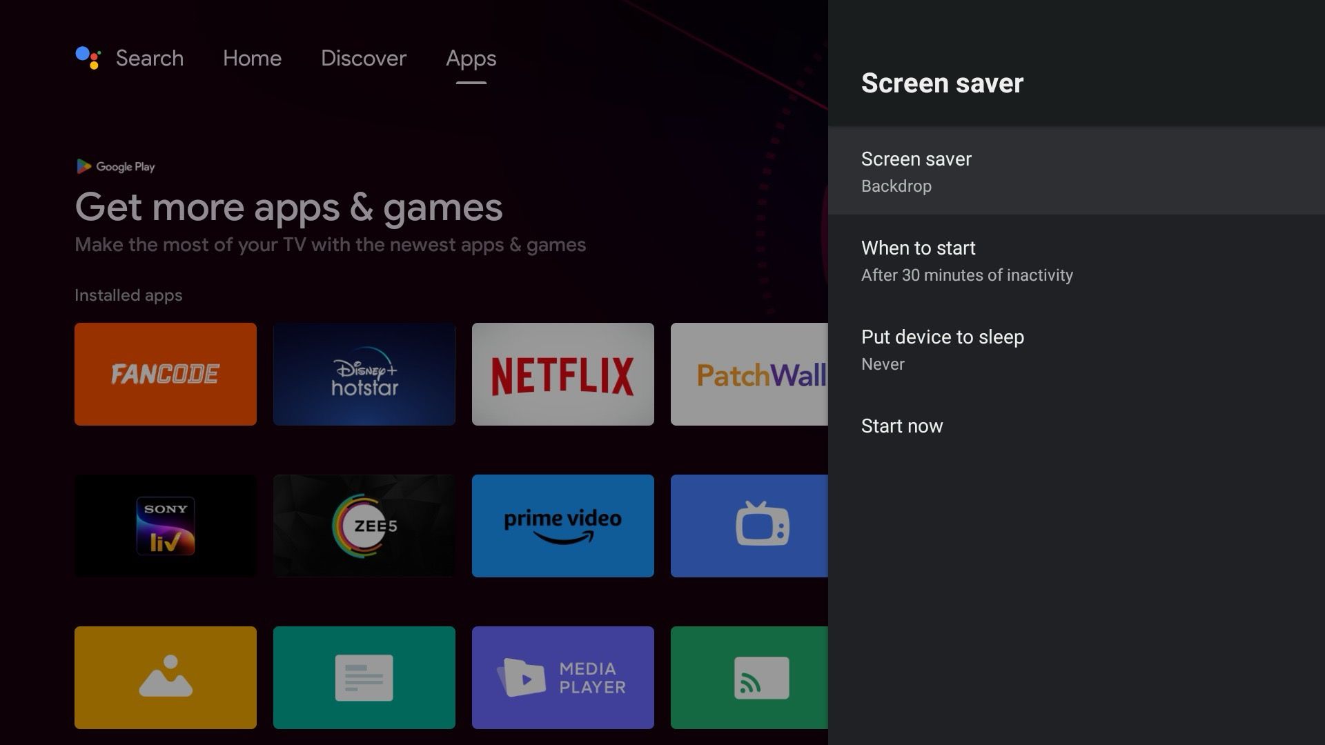 Opções de proteção de tela no Android TV