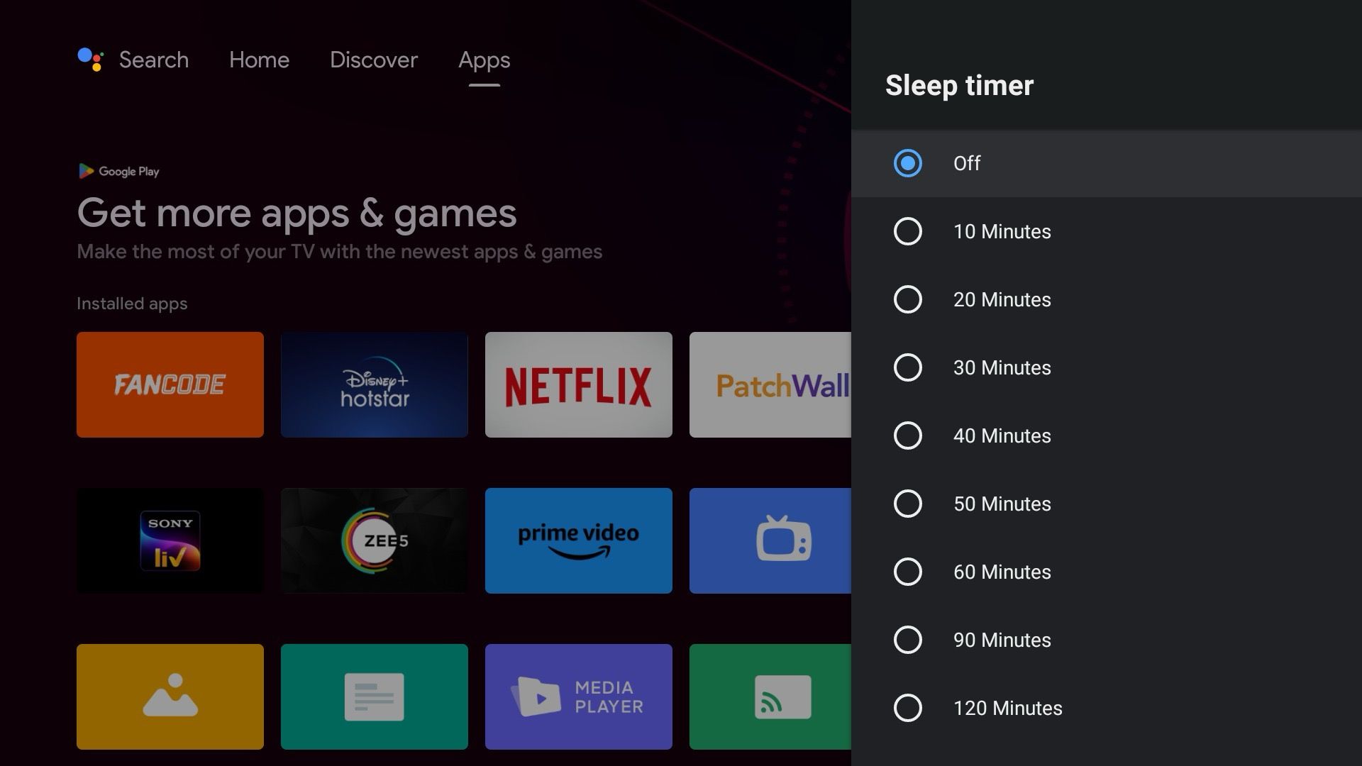 Opções de temporizador no Android TV