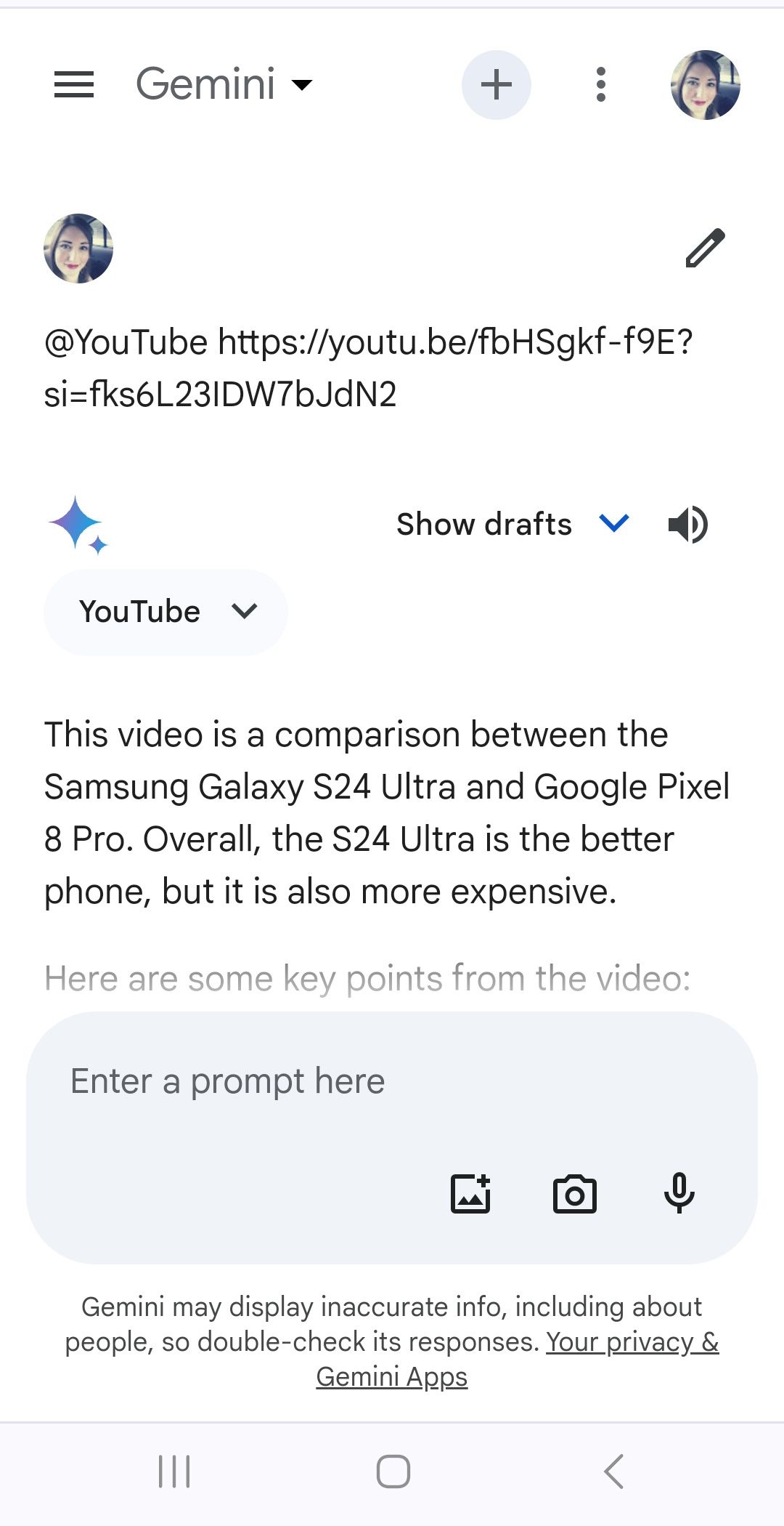 Resposta do Google Gemini à solicitação de prompt de link de vídeo do YouTube