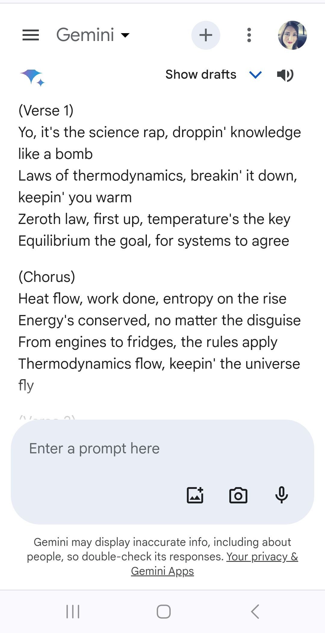resposta da música rap do Google Gemini contendo todas as leis da termodinâmica