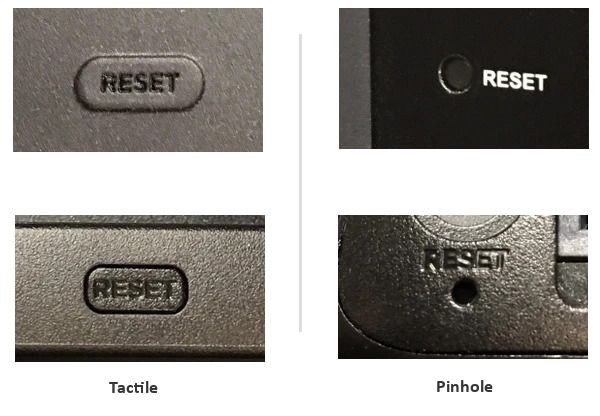 Imagem mostrando diferentes tipos de botões de redefinição de fábrica do Roku