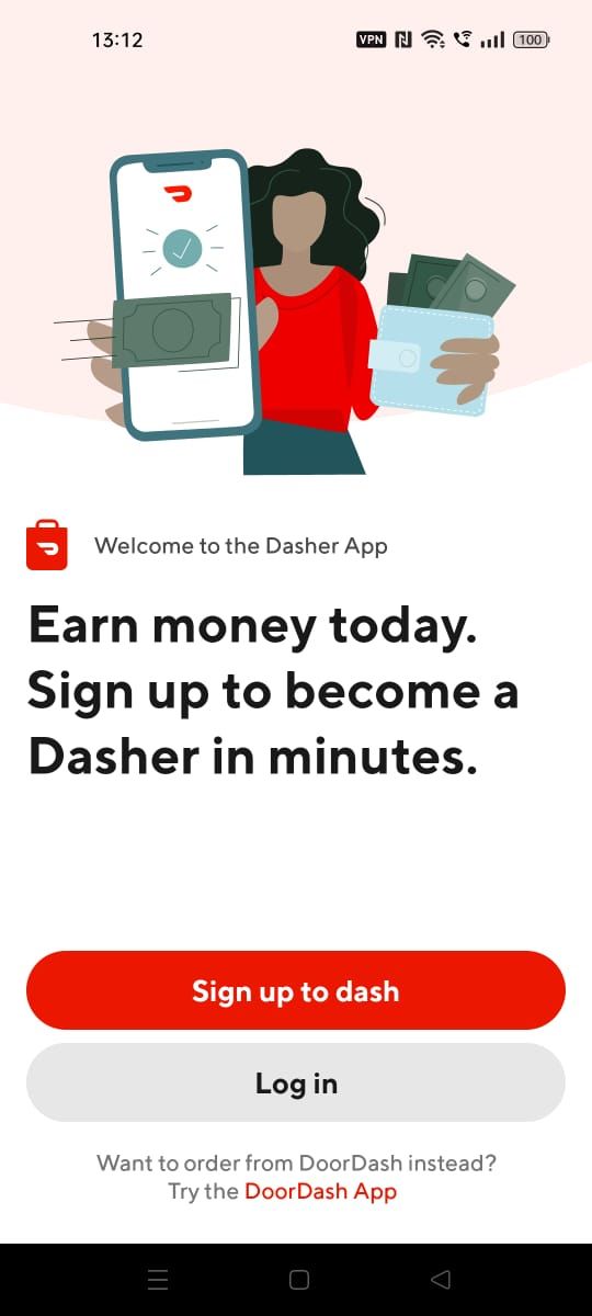 Captura de tela da página de inscrição/login no aplicativo Dasher
