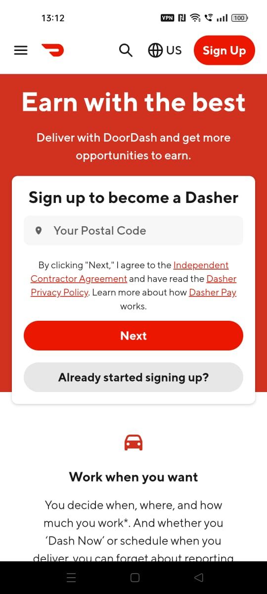 Captura de tela da página de inscrição no aplicativo Dasher